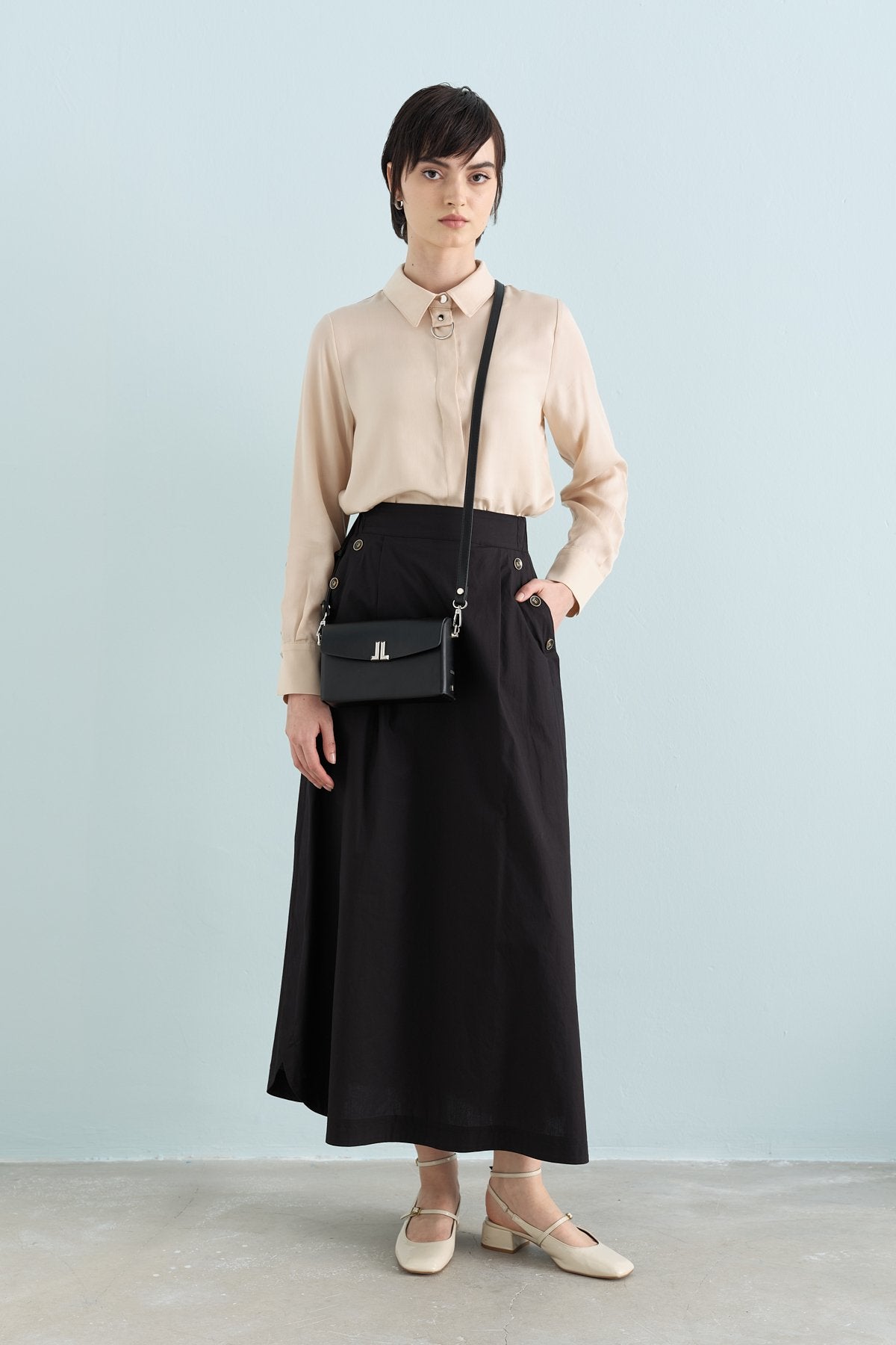 Button Detail Poplin Cotton Skirt - Black