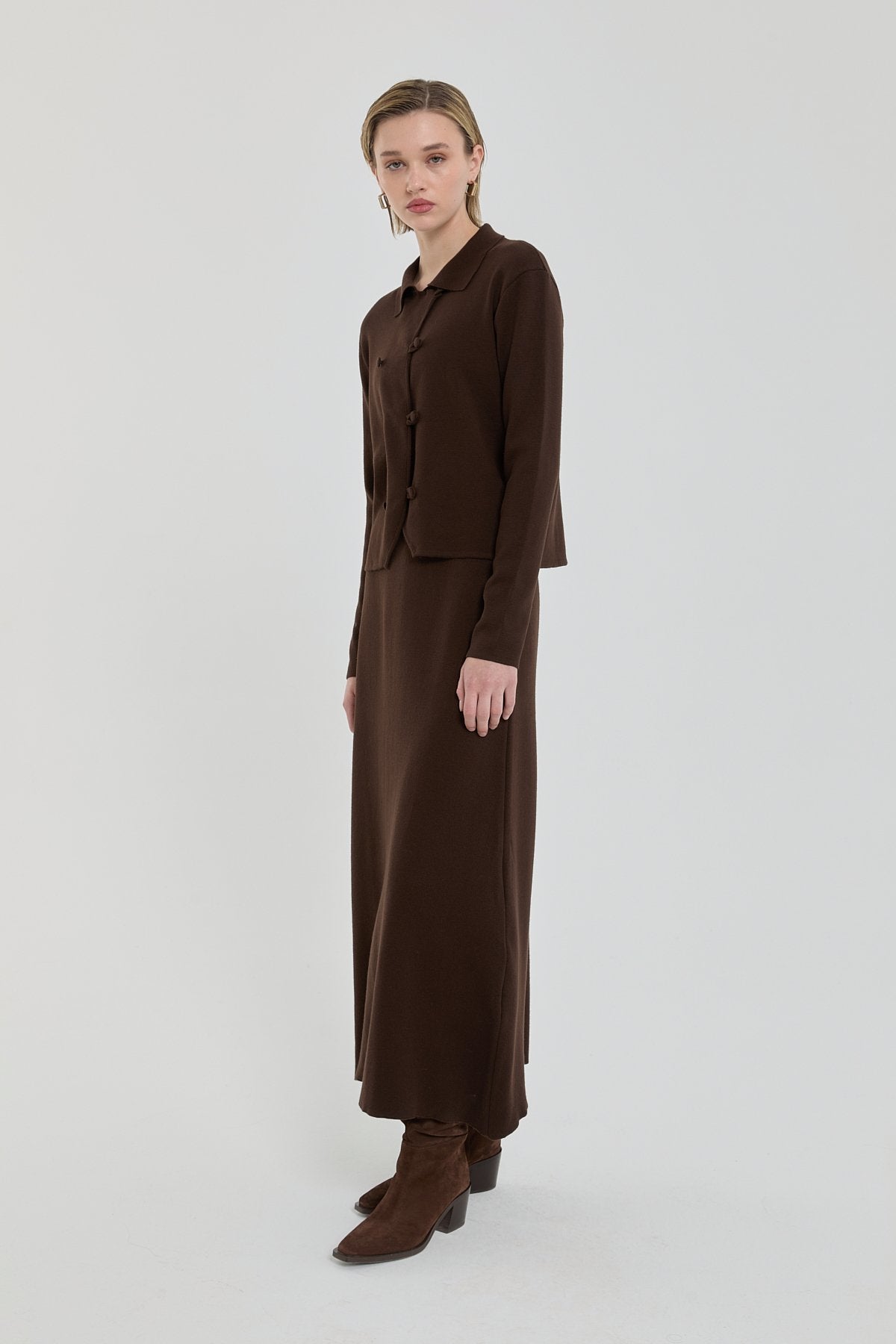 Button Detail Knit Skirt and Jacket Set - Brown