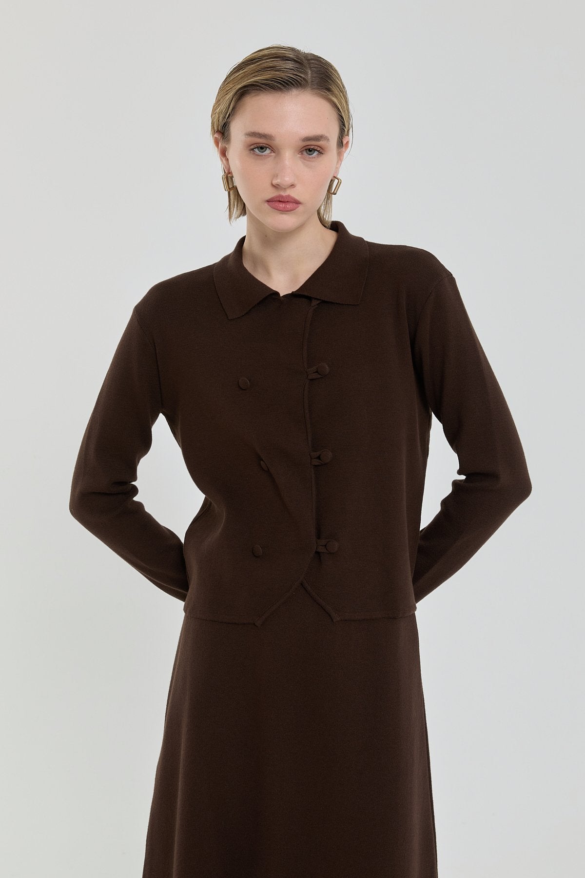 Button Detail Knit Skirt and Jacket Set - Brown