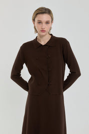 Button Detail Knit Skirt and Jacket Set - Brown