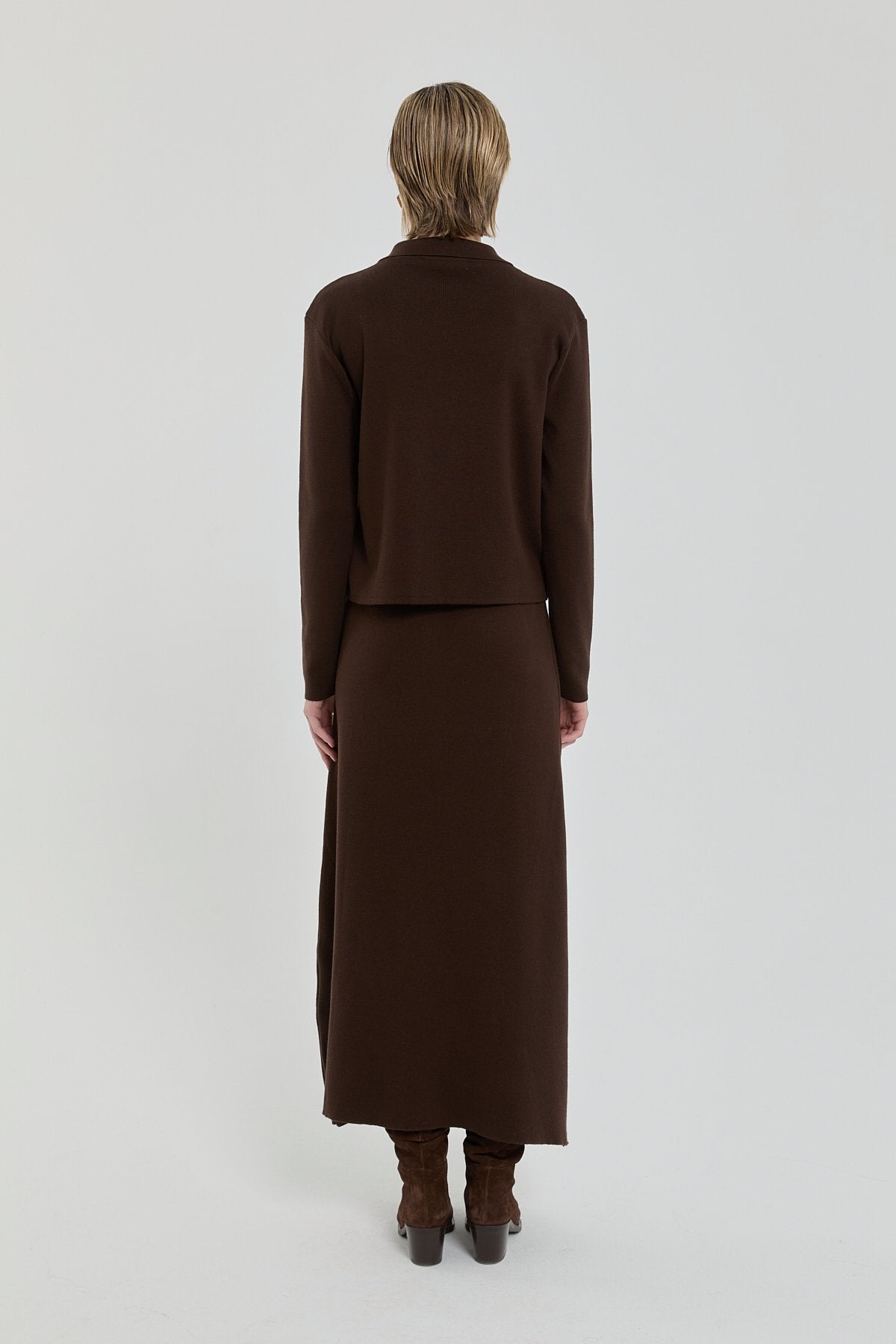 Button Detail Knit Skirt and Jacket Set - Brown