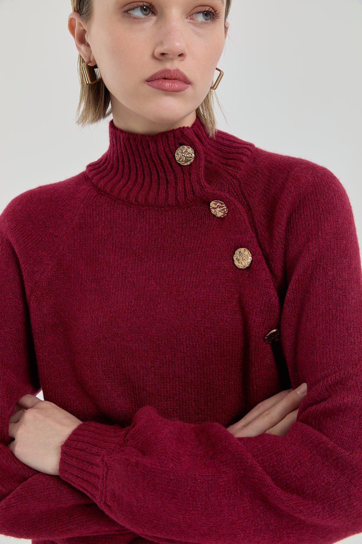 Button Detail Knit Tunic - Burgundy