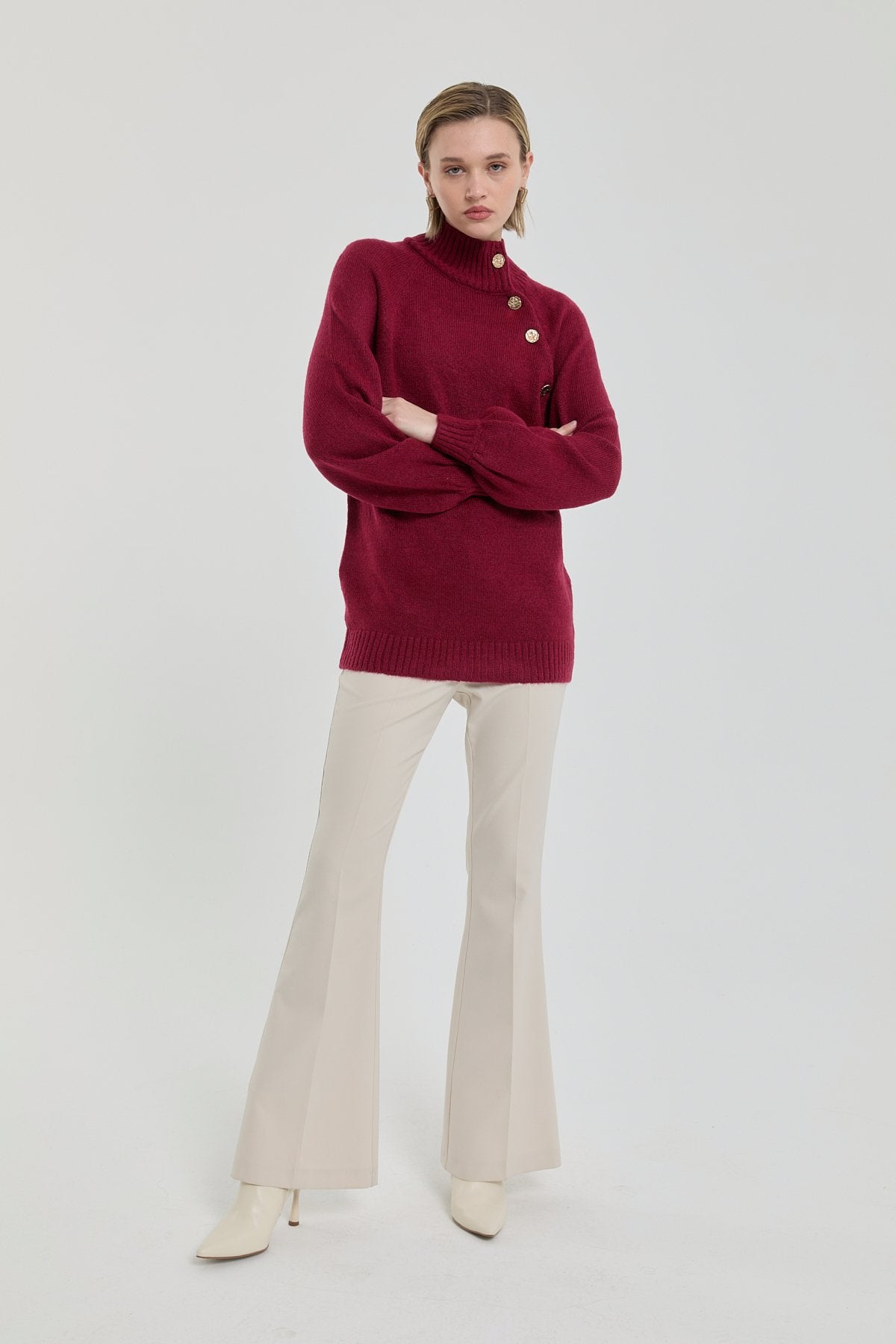 Button Detail Knit Tunic - Burgundy