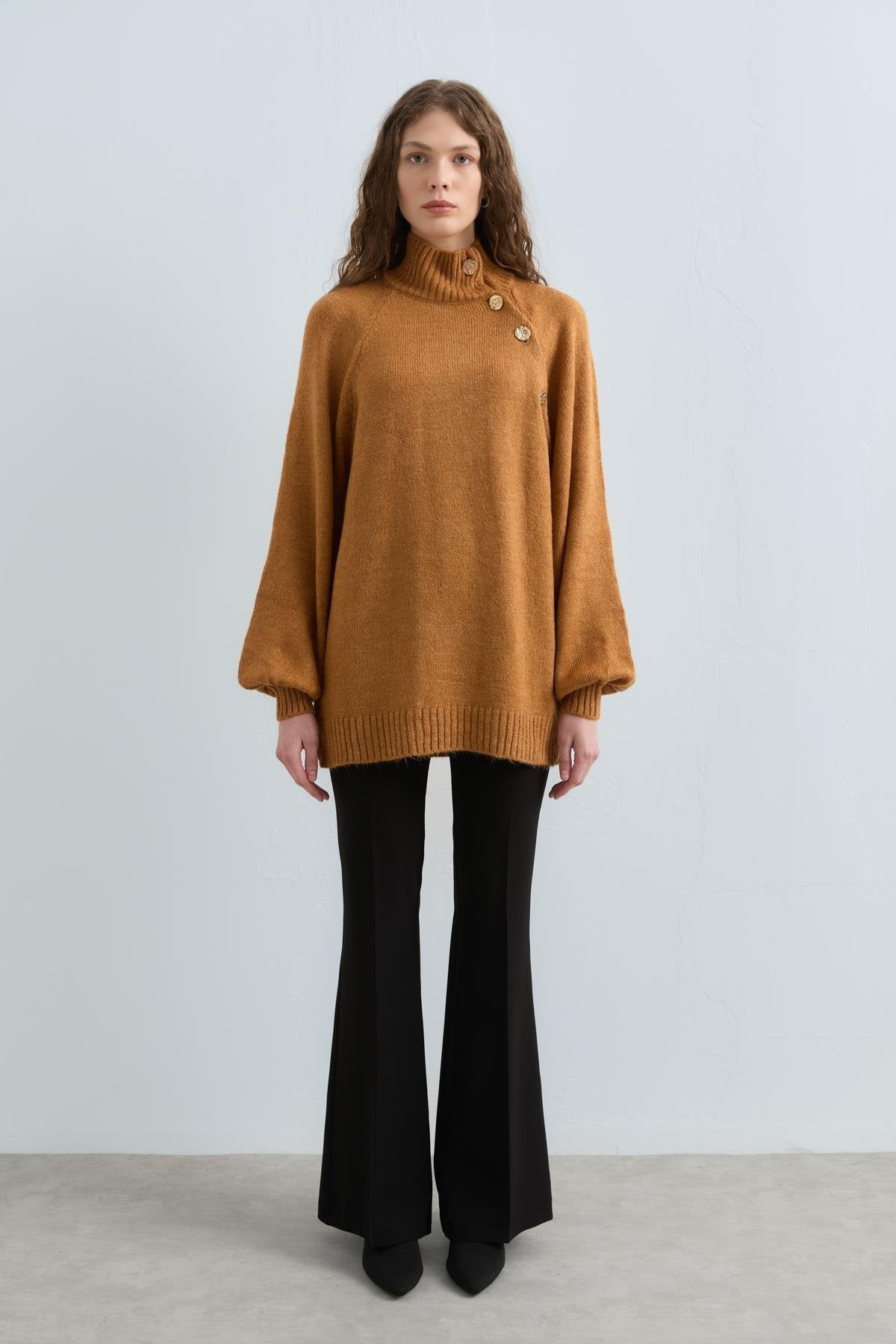 Button Detail Knitted Tunic - Mustard