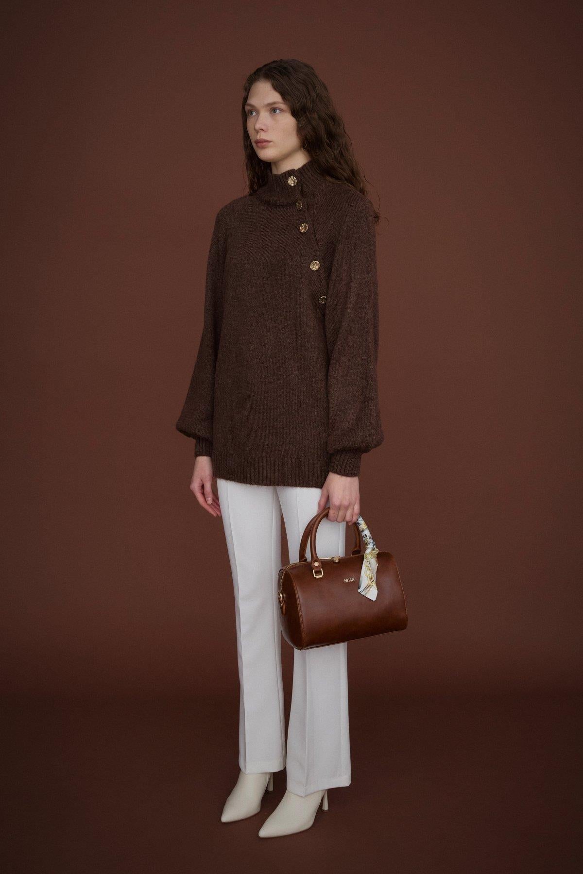 Button-Detailed Knit Tunic - Coffee