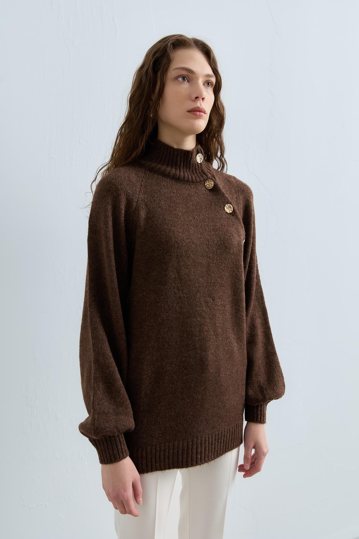 Button-Detailed Knit Tunic - Coffee