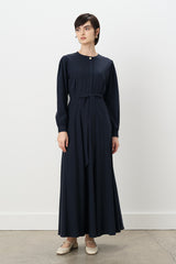 Buttoned Belted Viscose Dress - Navy