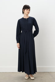 Buttoned Belted Viscose Dress - Navy