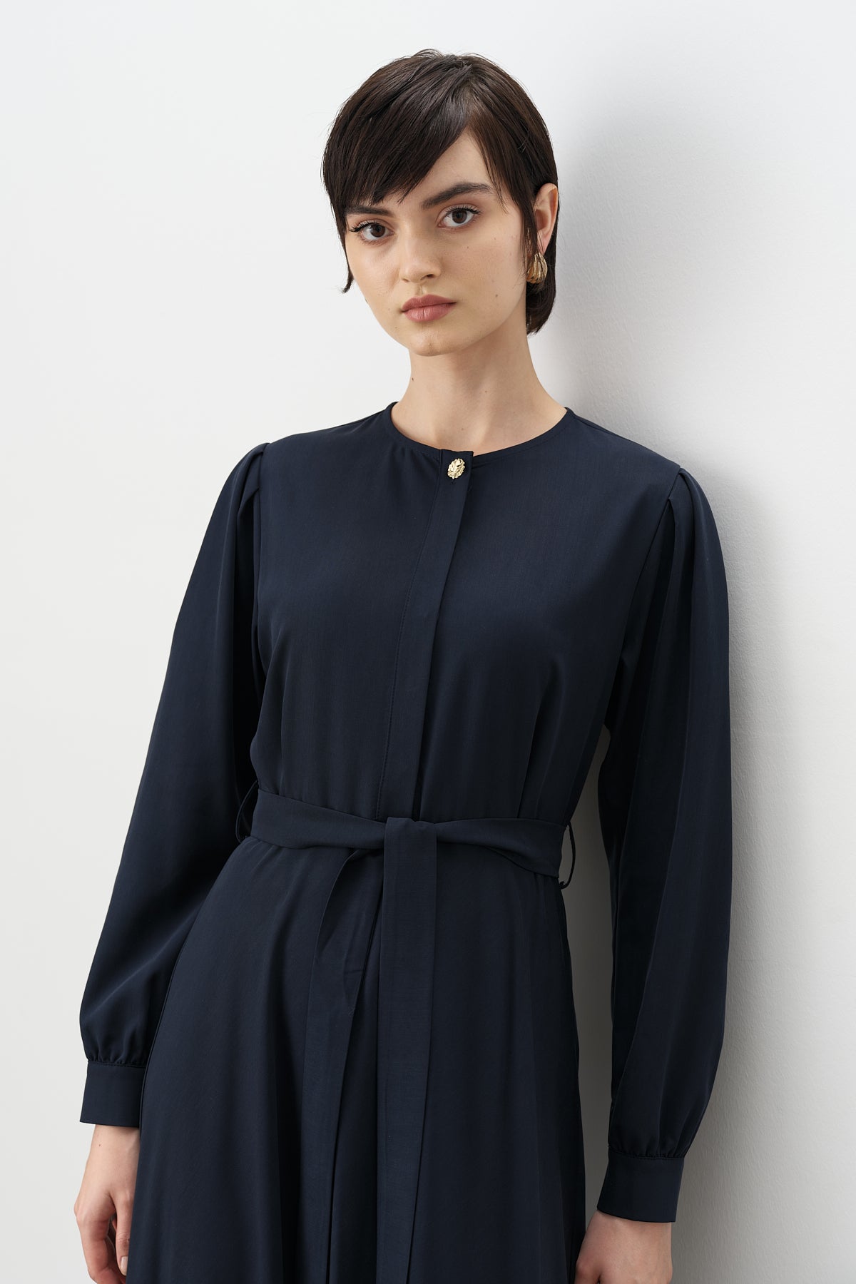 Buttoned Belted Viscose Dress - Navy