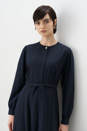 Buttoned Belted Viscose Dress - Navy
