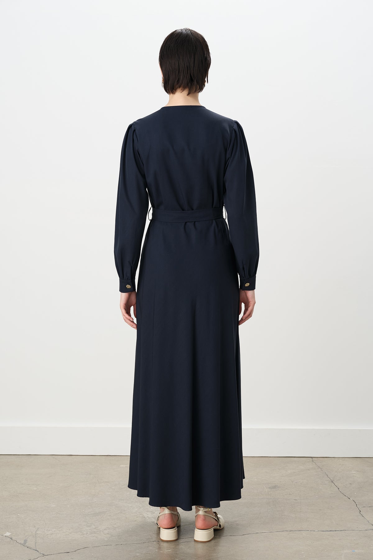 Buttoned Belted Viscose Dress - Navy