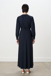 Buttoned Belted Viscose Dress - Navy