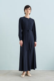 Buttoned Belted Viscose Dress - Navy