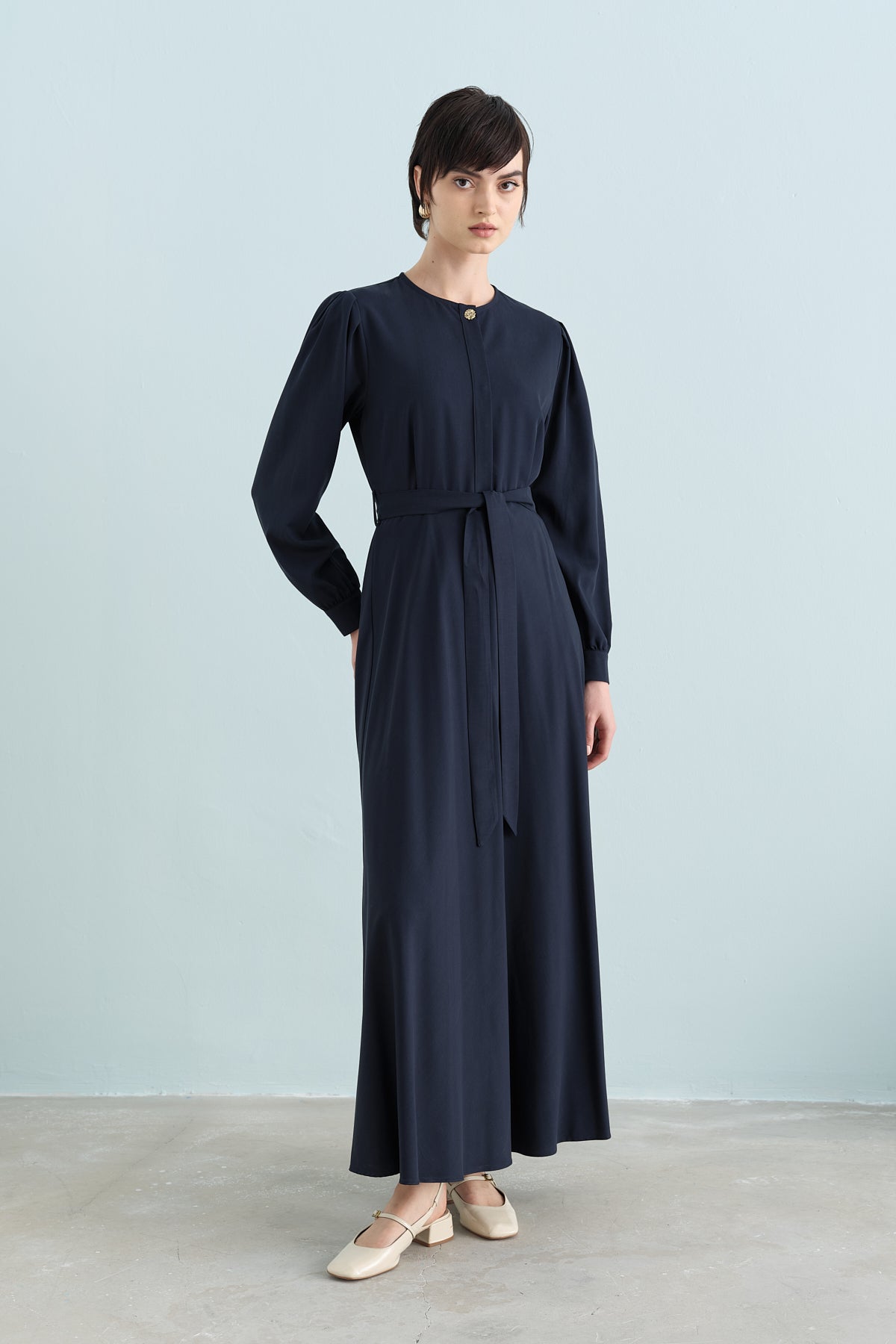 Buttoned Belted Viscose Dress - Navy