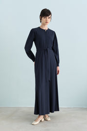 Buttoned Belted Viscose Dress - Navy