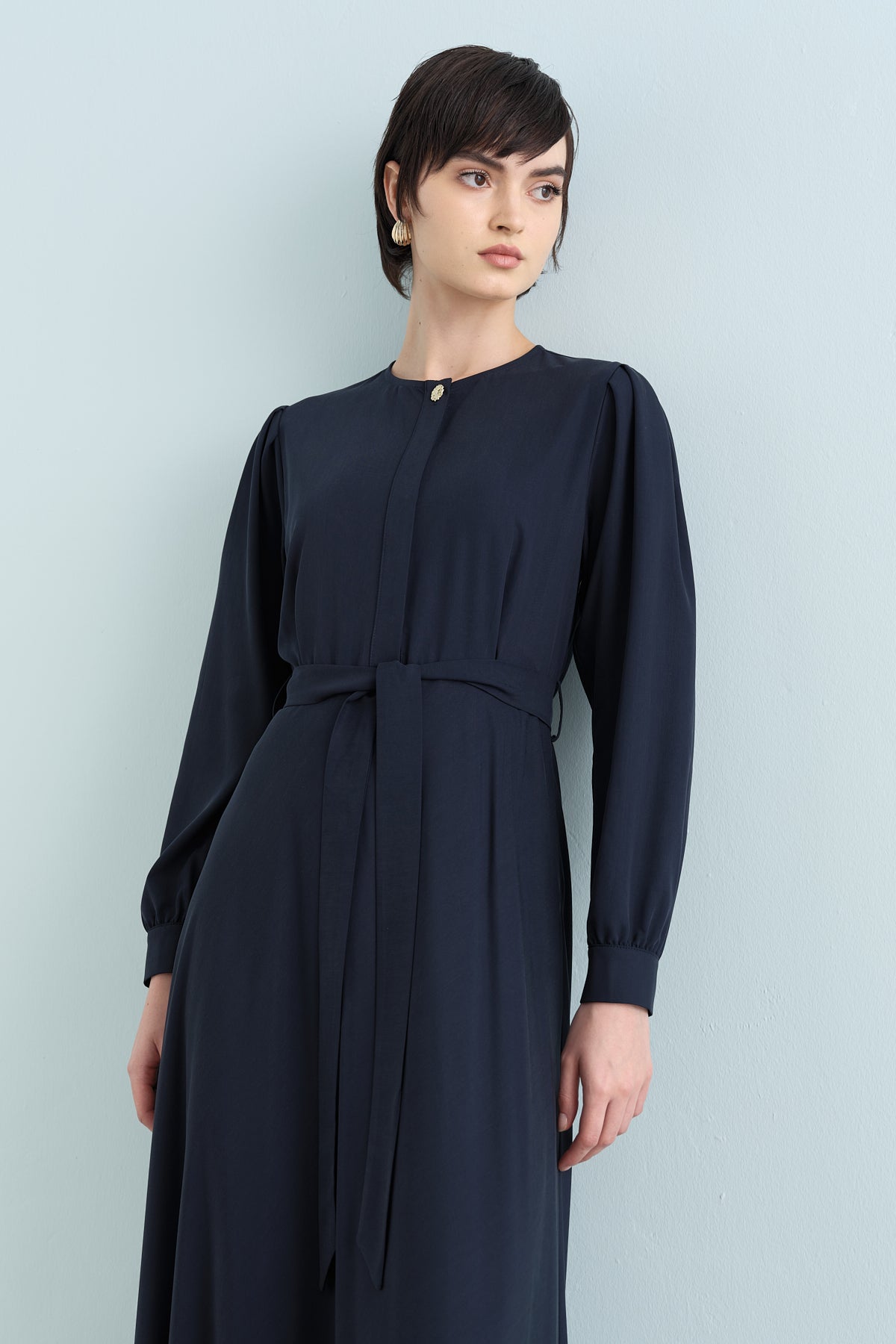 Buttoned Belted Viscose Dress - Navy