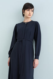 Buttoned Belted Viscose Dress - Navy
