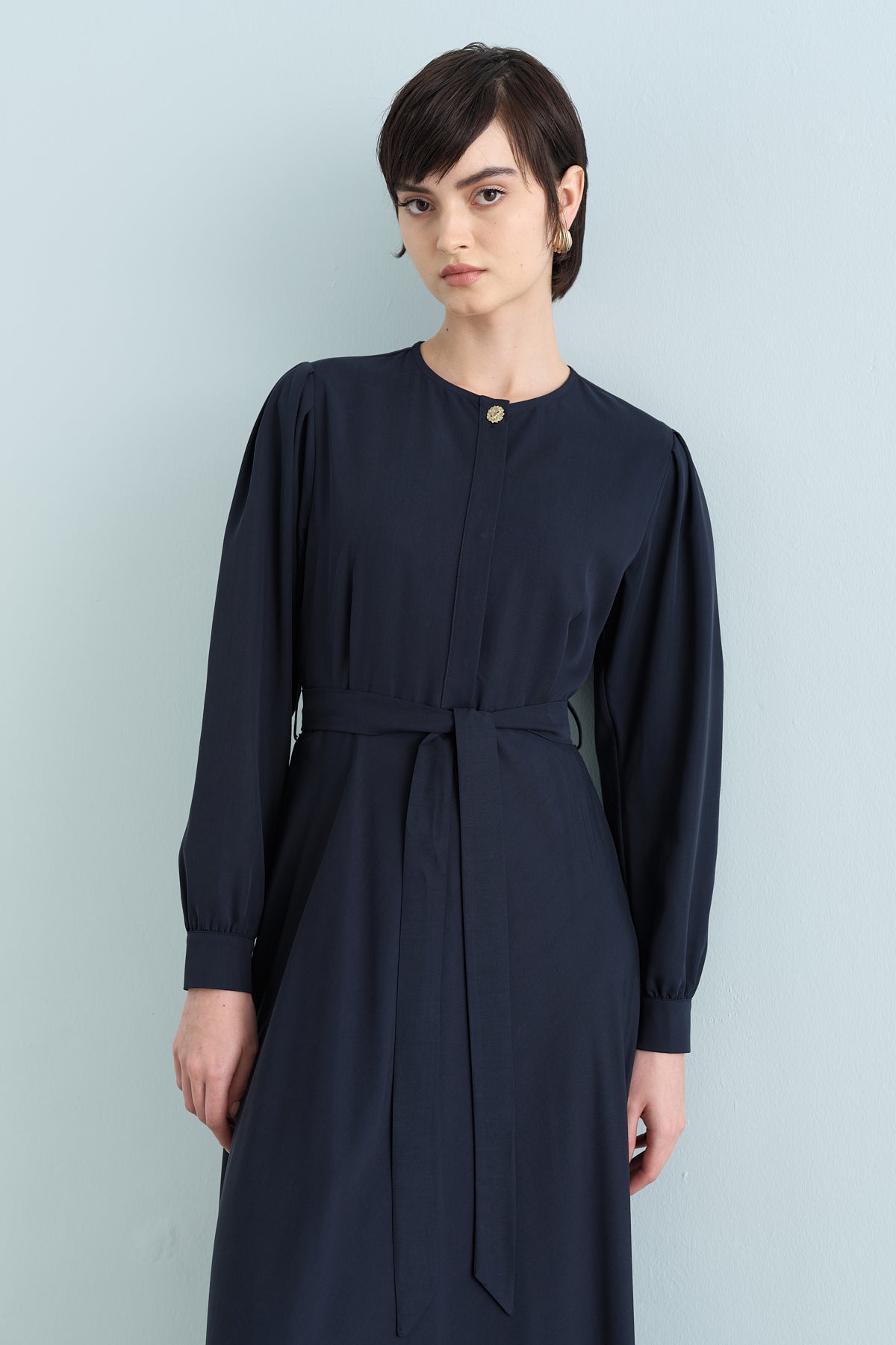Buttoned Belted Viscose Dress - Navy