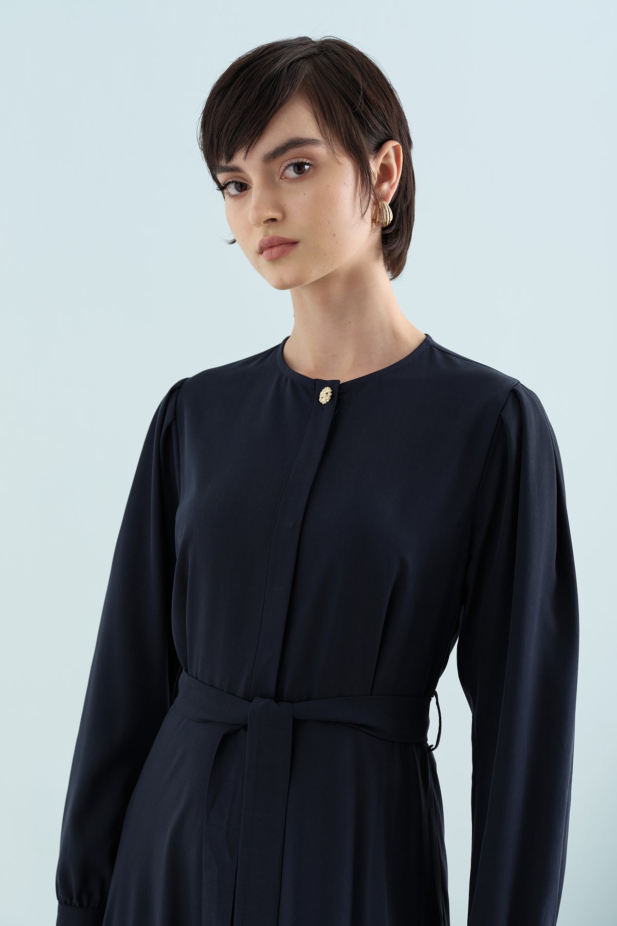 Buttoned Belted Viscose Dress - Navy