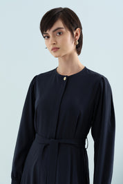 Buttoned Belted Viscose Dress - Navy
