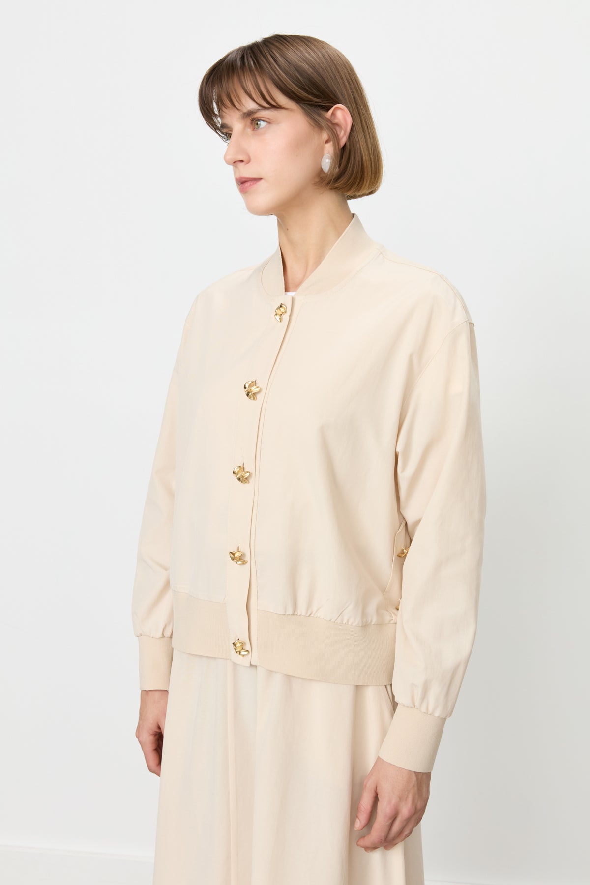 Buttoned Ribbed Skirt Jacket Cotton Set - Beige