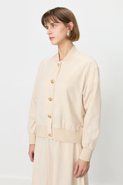 Buttoned Ribbed Skirt Jacket Cotton Set - Beige