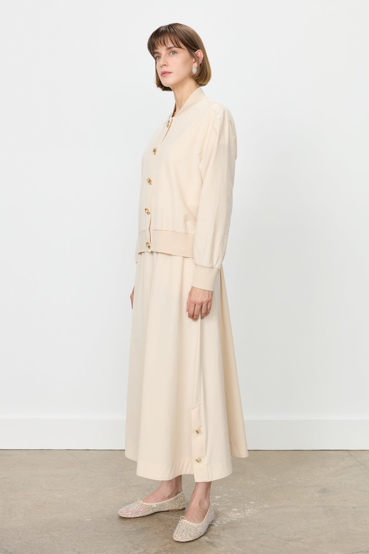 Buttoned Ribbed Skirt Jacket Cotton Set - Beige