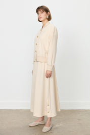 Buttoned Ribbed Skirt Jacket Cotton Set - Beige