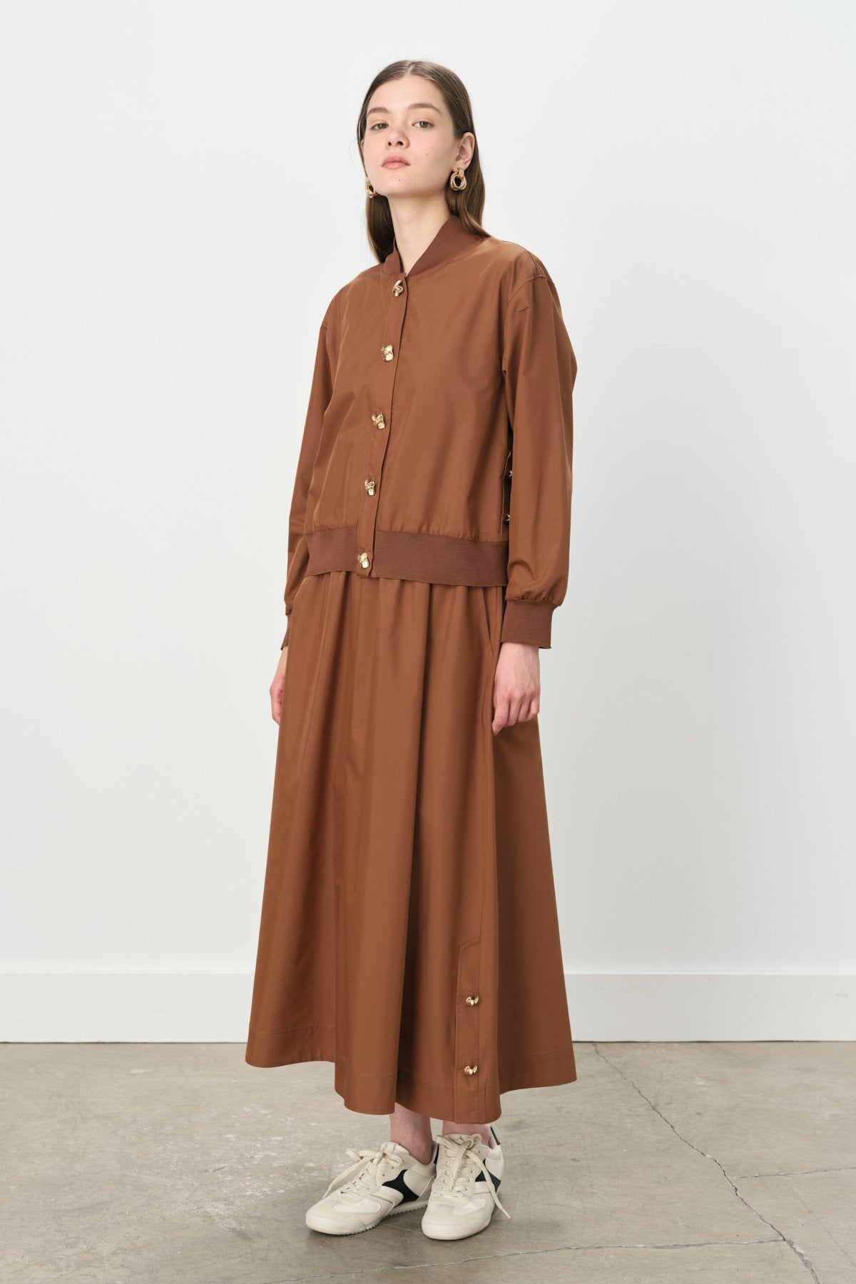 Buttoned Ribbed Skirt and Jacket Cotton Set - Chocolate