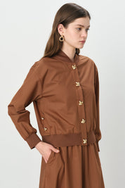 Buttoned Ribbed Skirt and Jacket Cotton Set - Chocolate