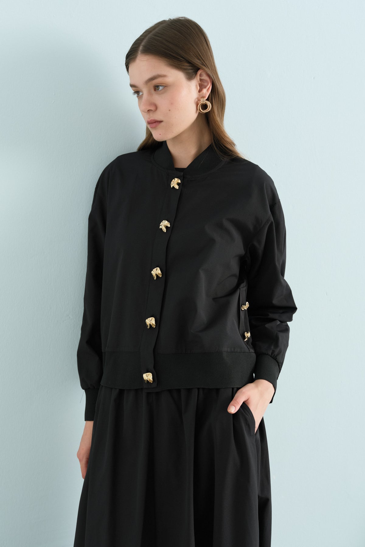 Buttoned Ribbed Skirt Jacket Cotton Set - Black
