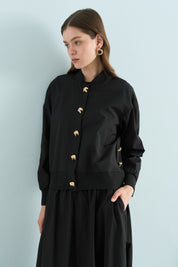 Buttoned Ribbed Skirt Jacket Cotton Set - Black