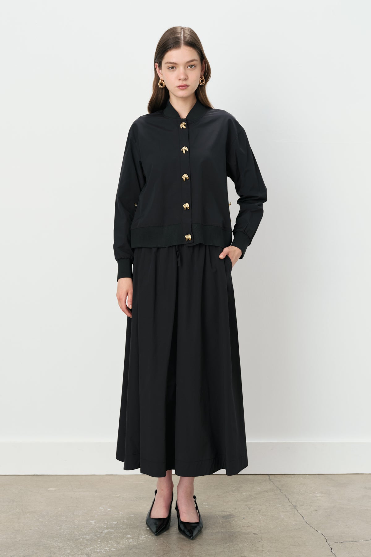 Buttoned Ribbed Skirt Jacket Cotton Set - Black
