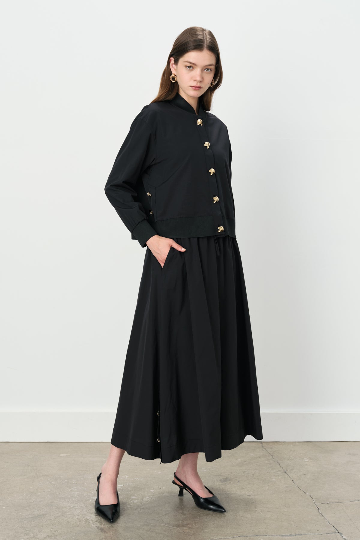 Buttoned Ribbed Skirt Jacket Cotton Set - Black