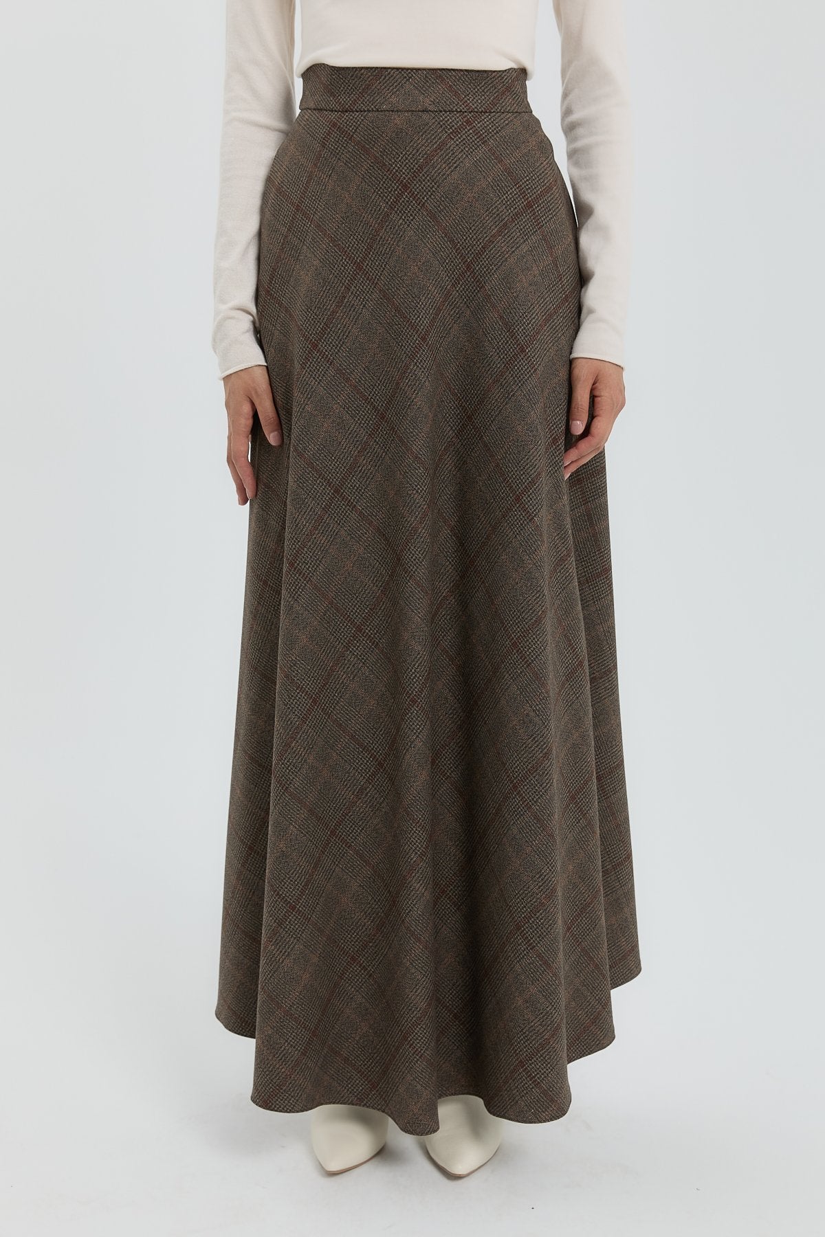 Plaid Flared Skirt - Brown
