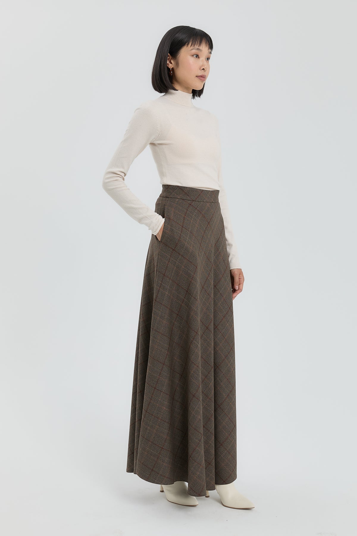 Plaid Flared Skirt - Brown