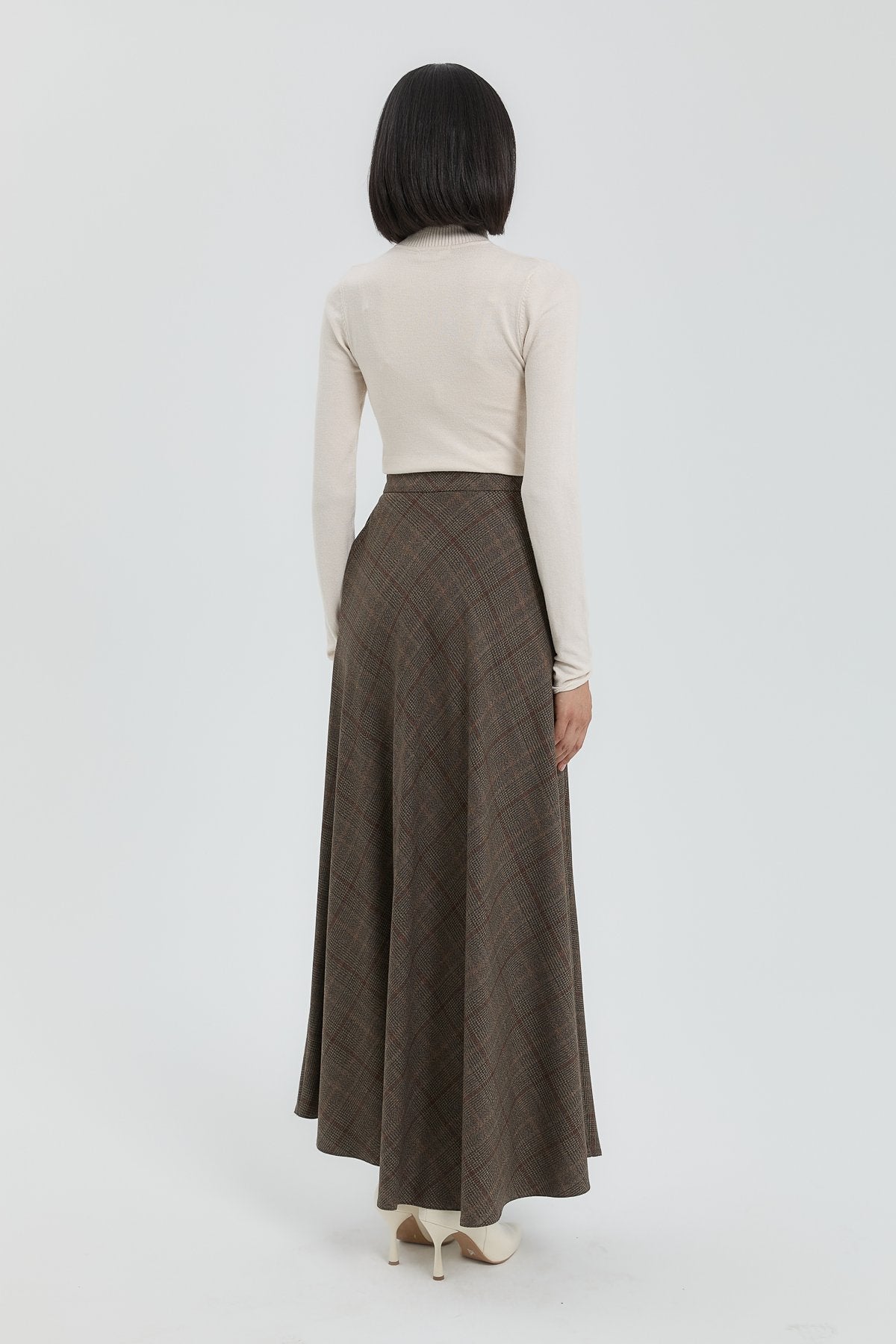 Plaid Flared Skirt - Brown