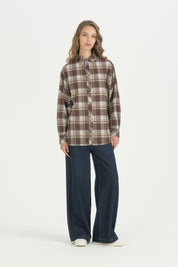 Ekose Kumaş Detaylı Oversize Tunik - Kahve