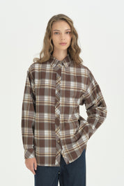Ekose Kumaş Detaylı Oversize Tunik - Kahve