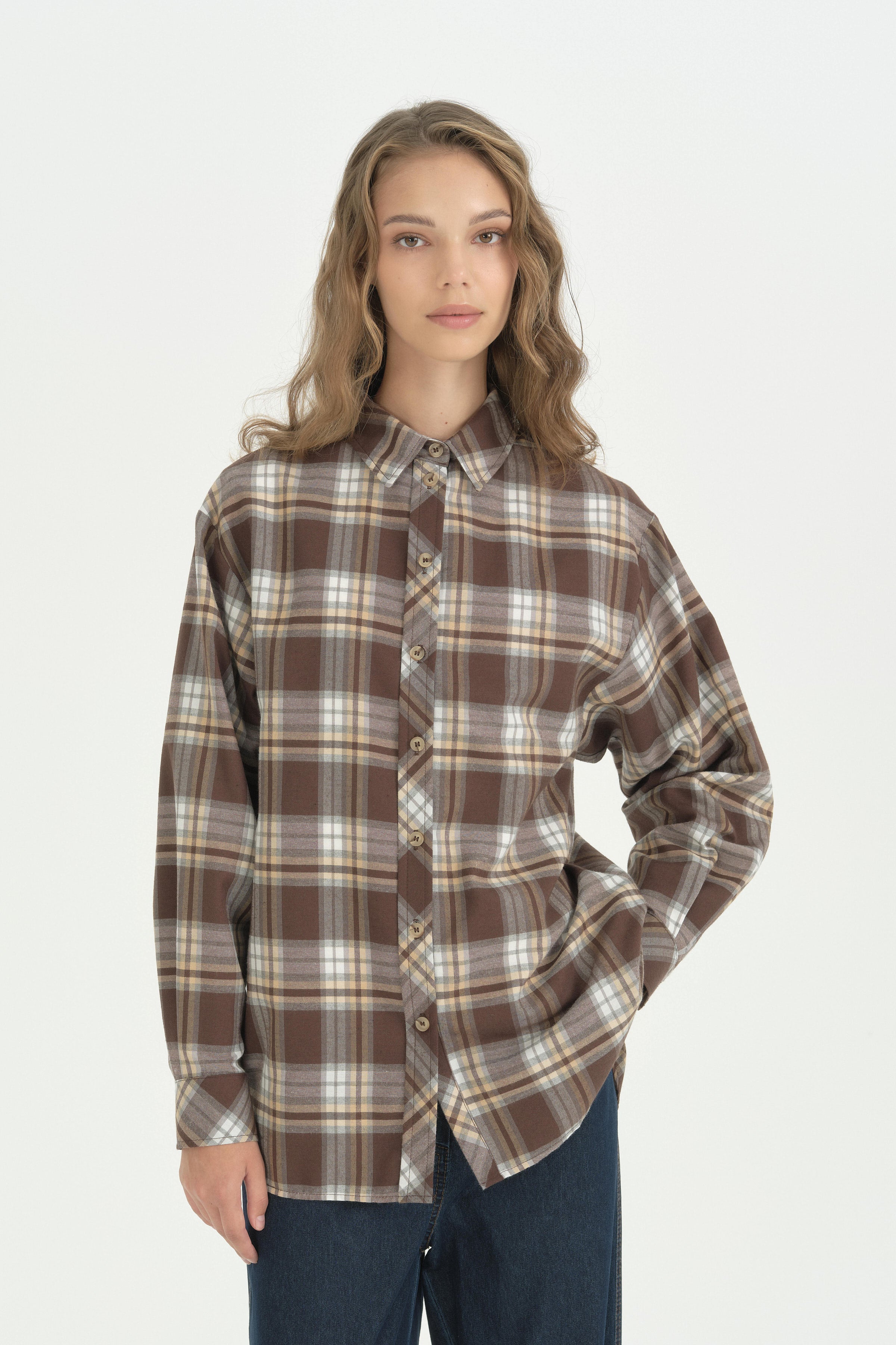 Ekose Kumaş Detaylı Oversize Tunik - Kahve
