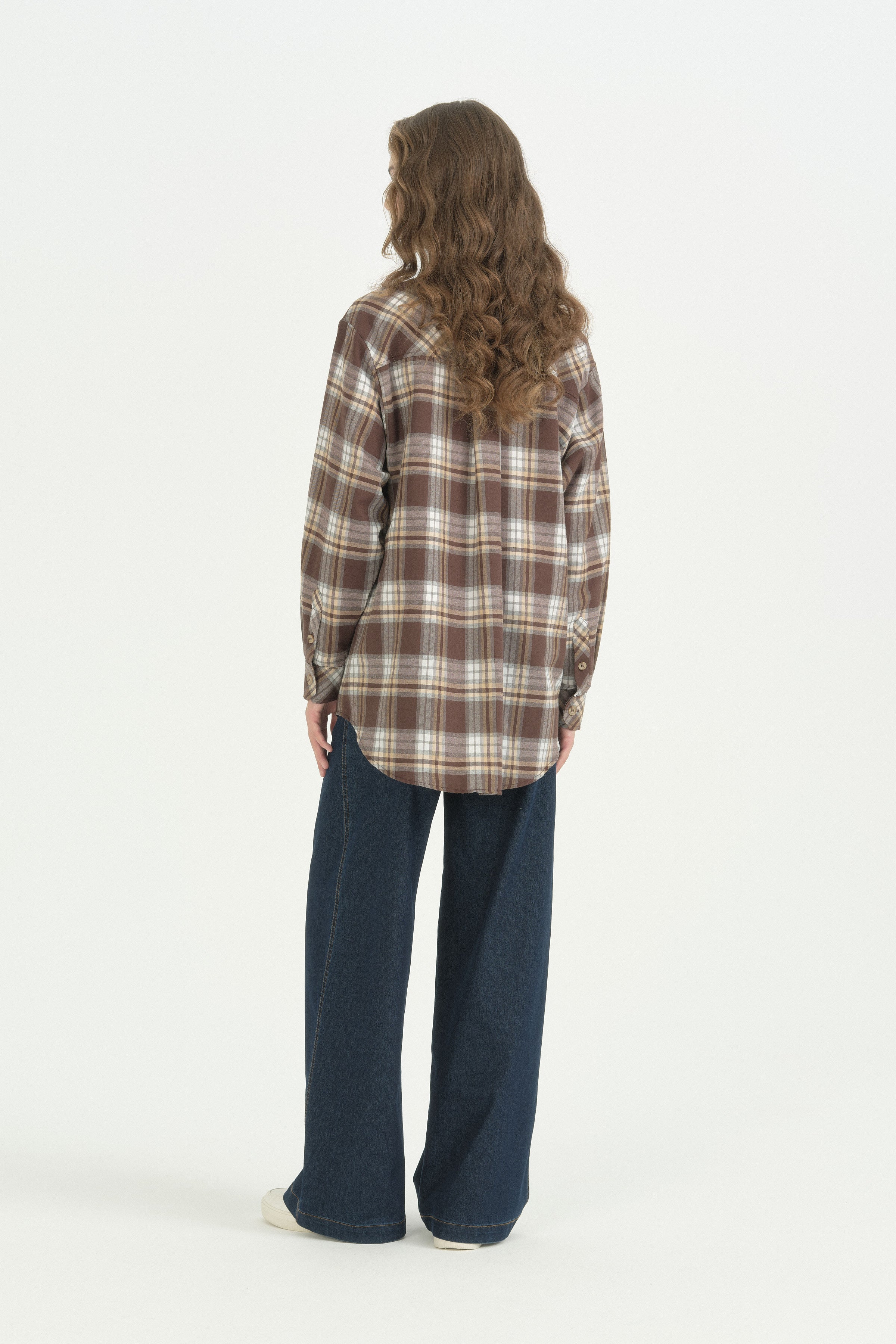 Ekose Kumaş Detaylı Oversize Tunik - Kahve