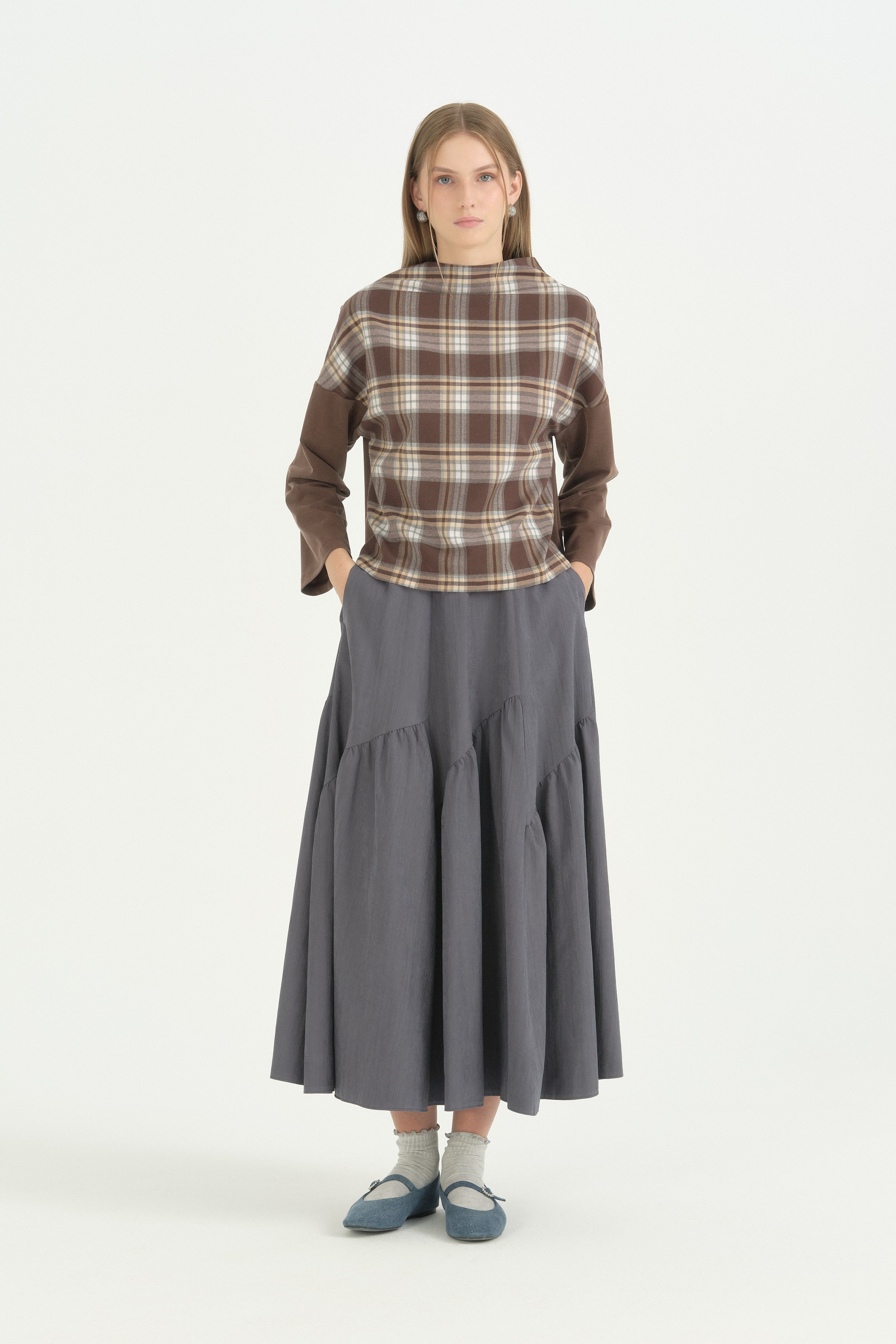 Ekose Ve Örme Kumaş Mixli Crop Bluz - Kahve