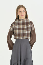 Ekose Ve Örme Kumaş Mixli Crop Bluz - Kahve