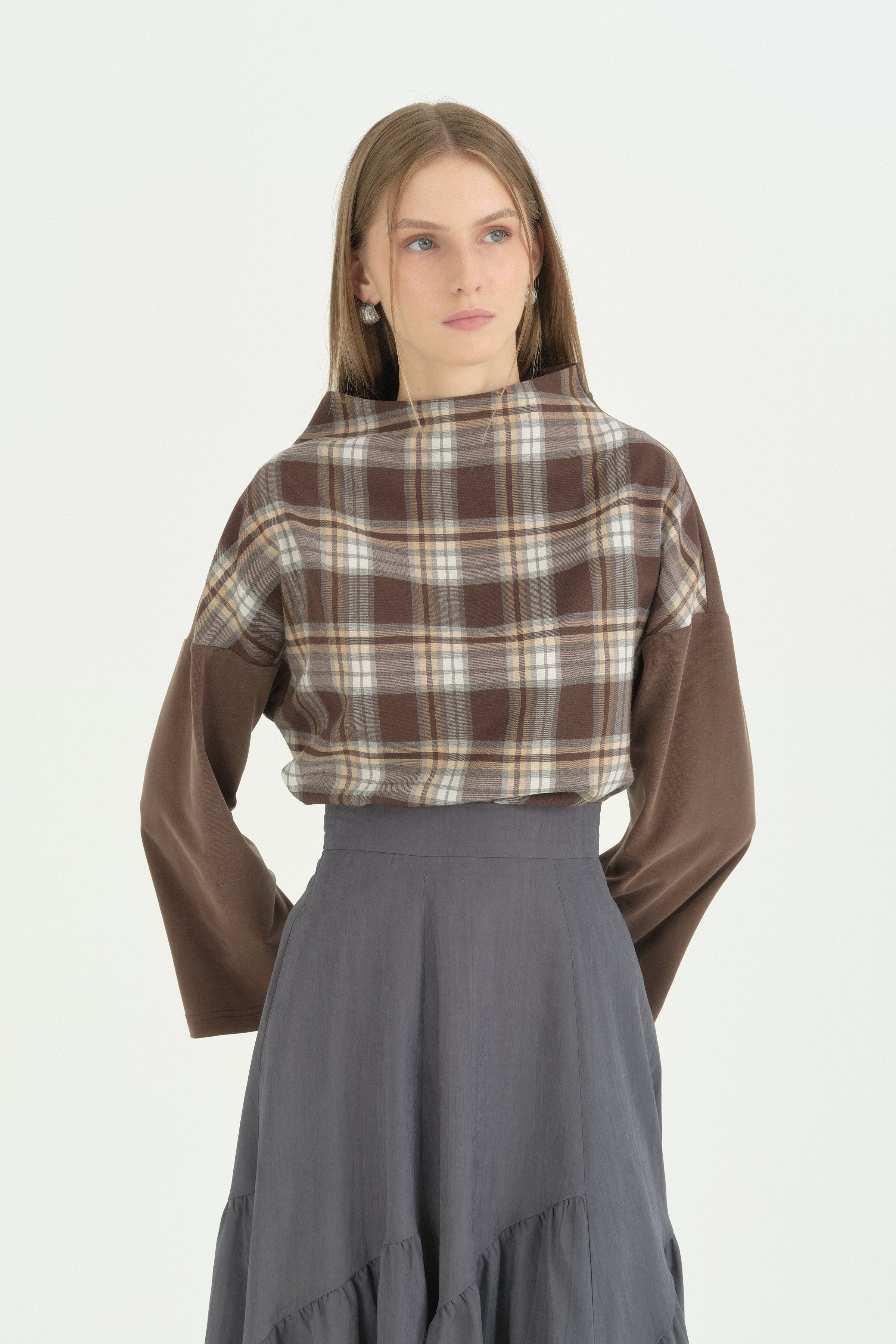 Ekose Ve Örme Kumaş Mixli Crop Bluz - Kahve