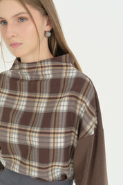 Ekose Ve Örme Kumaş Mixli Crop Bluz - Kahve
