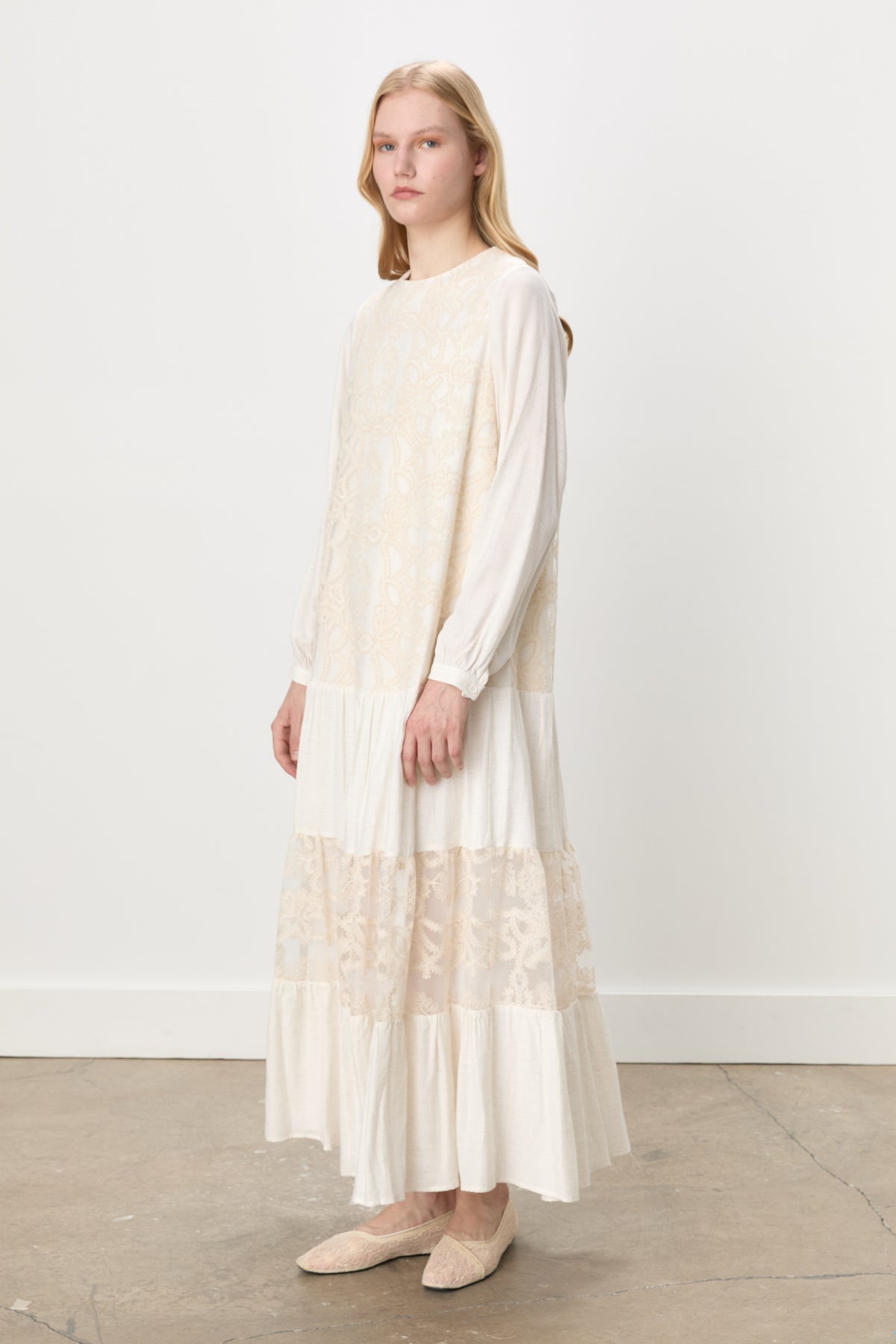 Gathered Skirt with Lace Detail Dress - Ecru