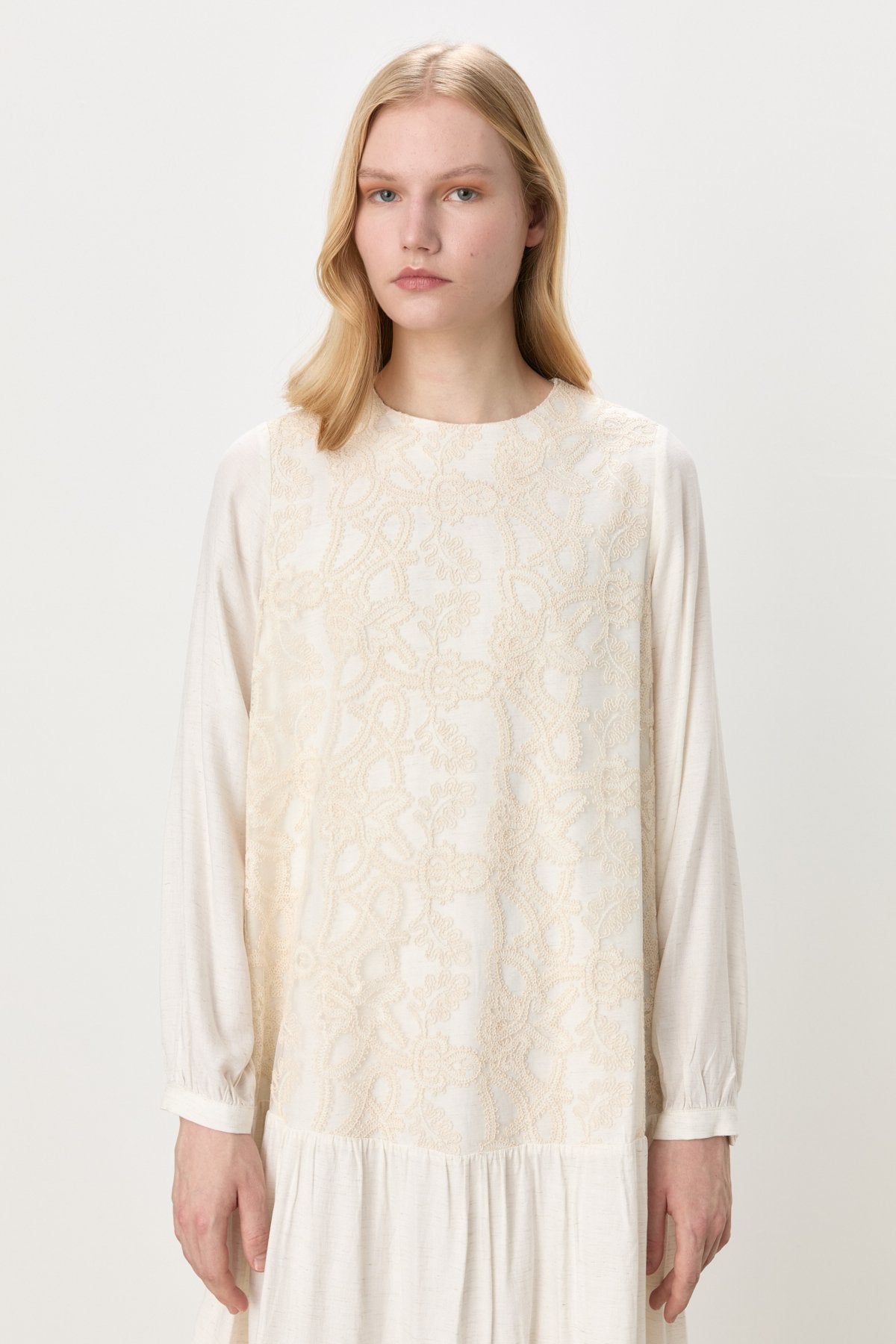 Gathered Skirt with Lace Detail Dress - Ecru