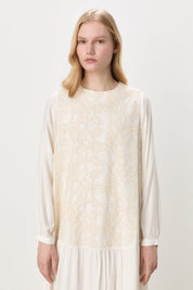 Gathered Skirt with Lace Detail Dress - Ecru