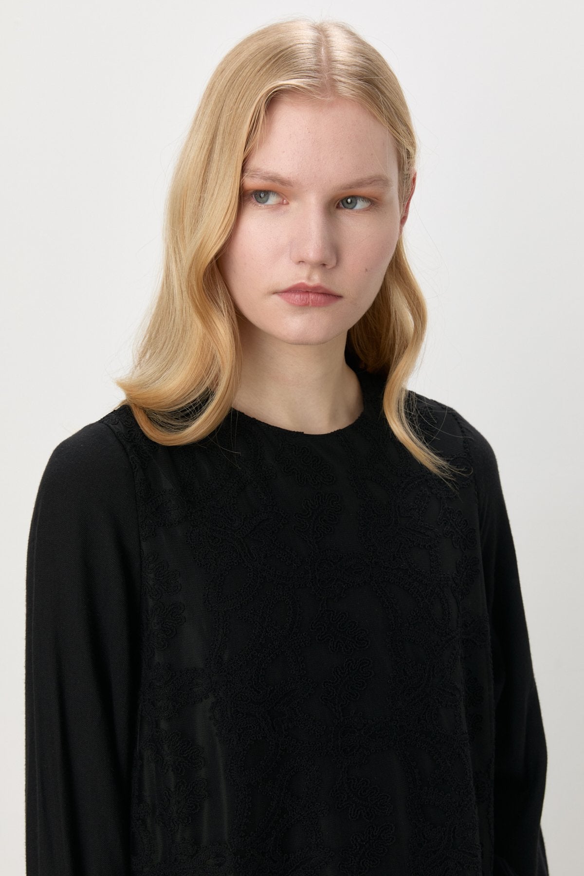 Dress with Gathered Skirt and Lace Details - Black