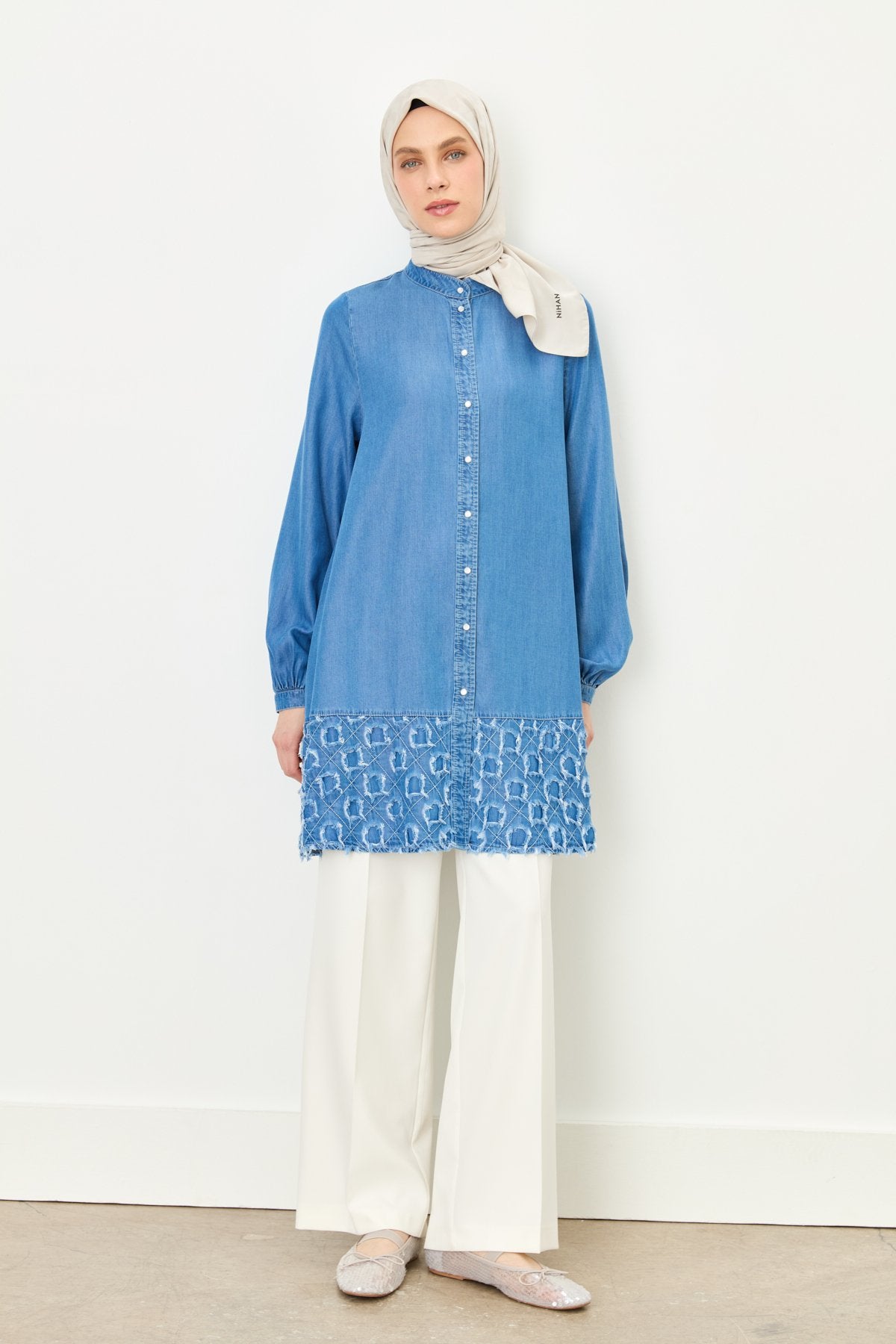 Etek Altı Detaylı Tencel Tunik - Buz